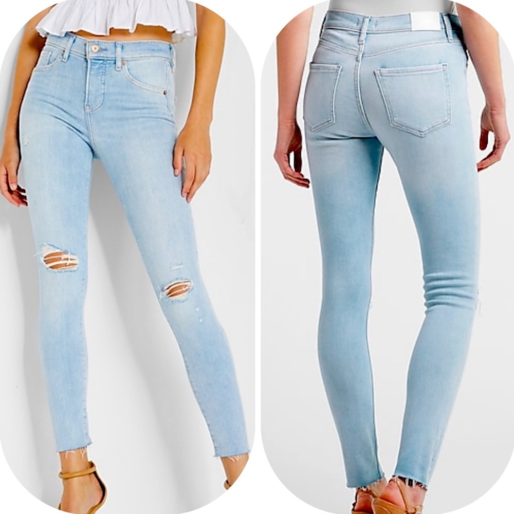 NWT Express Size 18 Light Wash/ Mid Rise Ripped Raw Hem Skinny Jeans